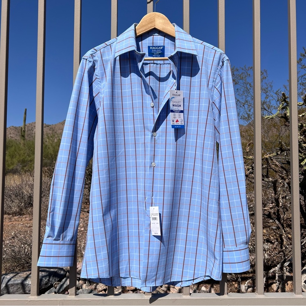 ⬇️💲Haggar NWT Men’s Dress Shirt Size 15-15 1/2 32/33 Light Blue Check (Kohl’s)